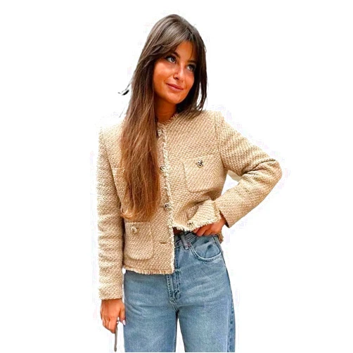 VORRA Women Pocket Tweed Jacket O Neck Long Sleeve Button Frayed Cropped Jackets Female High Street Coats (Color : Khaki, Size : Medium)
