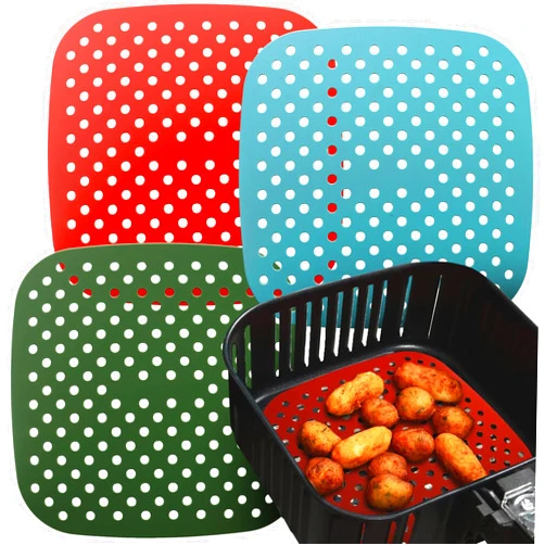 Linda's Essentials Reusable Silicone Air Fryer Liners 8.5 Inch by Linda’s Essentials (3 Pack, Square) - Non Stick Easy Clean Air Fryer Liners Reusable Mats Air Fryer Accessories Includes Cheat Sheet And Recipe Book