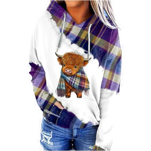 Generic Highland Cow Hoodie Women Cute Funny Graphic Print Hooded Sweatshirt Cowgirl Long Sleeve Pullover Tops Shirt