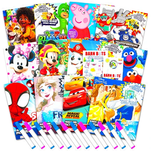 Bendon 12 Mess Free Imagine Ink Coloring Book Set for Kids - Bulk Bundle with 12 No Mess Coloring Books, Barn Bots Stickers and Door Hanger (Paw Patrol, Princess, Mickey, Minnie, Spidey, Peppa Pig)