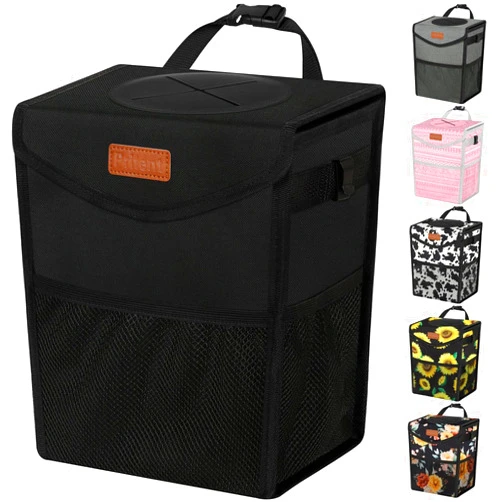 Pritent Car Trash Can with Lid, Cute Leakproof Car Trash Garbage Bag Hanging Vehicle Trash Bin Small Portable Automotive Garbage Cans Organizer for Back/Front Seat/Console(Trapezoid,Black)