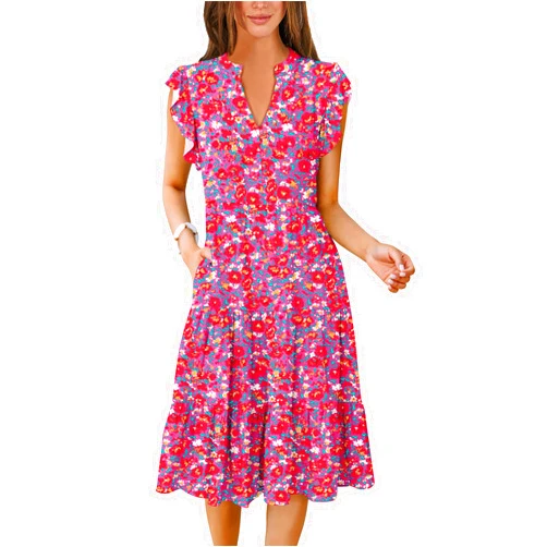ANRABESS Womens Summer Ruffle Sleeve V Neck Midi Dress 2024 Fashion Casual Fit Flowy Tiered Boho Beach Vacation Sundress