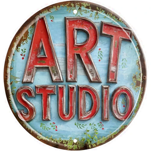 CSWLJS Rustic Art Studio Metal Tin Sign 8x8 In Vintage Round Wall Decor with Blue & Red for Office Bar Cafe Garage Bathroom Bedroom Decor