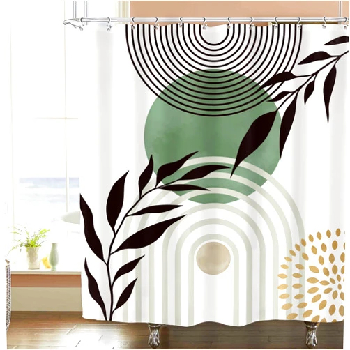 Imirell Green Mid Century Shower Curtain 60Wx72H Inches Abstract Boho Leaves Sage Green Gold Plant Modern Sun Minimalist Geometric Arch Line Fabric Waterproof Polyester with 12 Pack Hooks Plastic