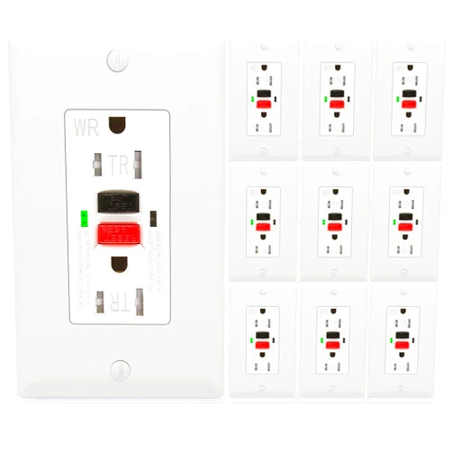 POWAWINI 10 Pack - POWAWINI GFCI Outlet 15 Amp, UL Listed, Self-Test, LED Indicator, Tamper-Resistant, Weather Resistant Receptacle Indoor or Outdoor Use with Decor Wall Plates and Screws (Red/Black Button)