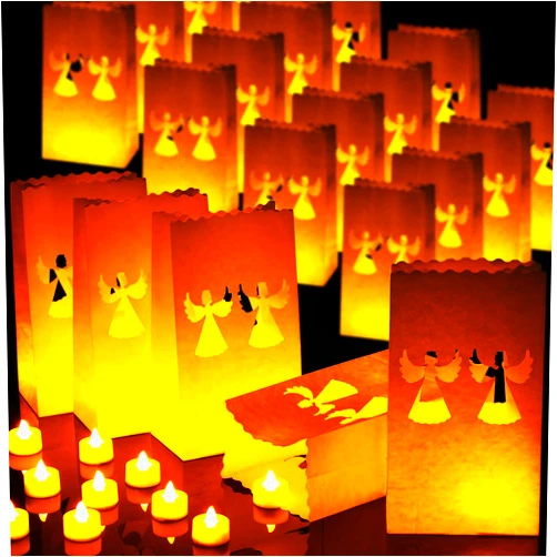 Crtiin 50 Sets Luminaries Bag with Candles Include 50 Flameless LED Tea Lights LED Tealight Candles and 50 Luminary Bags for Christmas Thanksgiving Halloween Wedding Festival Party (Kraft Paper,Angel)