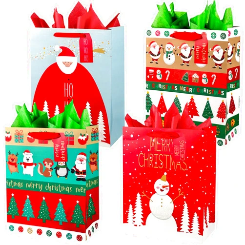 SPERPAND 12PCS Christmas Gift Bags with Tissues Paper, Reusable Christmas Treat Bags Bulk with Handles, 12.6