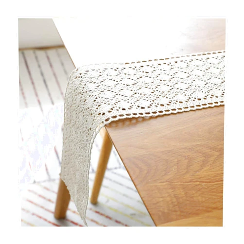 Daesar Table Runner 6x86 Inch, Cotton Linen Table Runner Beige Hollow Flowers Picnic Table Runner