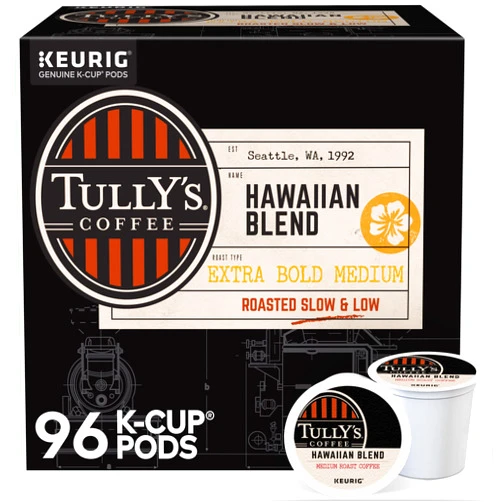 Tully's Coffee Hawaiian Blend Keurig Single-Serve K-Cup Pods, Medium Roast Coffee, 96 Count (4 Packs of 24)