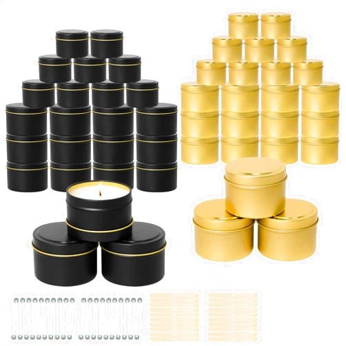 SUPMIND 48 Pack Candle Tins, Candle Tins for Making Candles, 24pcs 8oz+ 24pcs 4oz Empty Containers with Lids Bulk Metal Candle Vessels, Including Wick Kit - Black+Gold