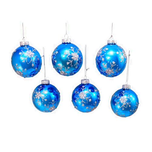 Kurt S. Adler Kurt Adler 80MM Blue and Silver Glitter Snowflake Glass Ball Ornaments, 6 Piece Box