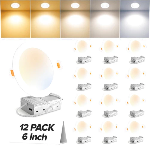 MAILCOS 12 Pack 6 Inch 5CCT Ultra-Thin LED Recessed Ceiling Light with Junction Box, 2700K-5000K Selectable, 1050LM High Brightness, Dimmable Canless Wafer Downlight, 12W 120V, ETL