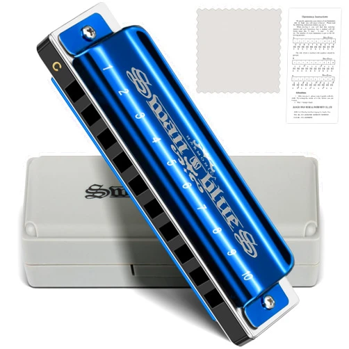 SWAN Blues Harmonica C Key for Kids Adults, 10 Hole Diatonic Harmonica Key of C Brass Reed Blues Harp for Beginners Students, Metal Mouth Organ in Stainless Steel C Major, Black Swan Ocean Blue