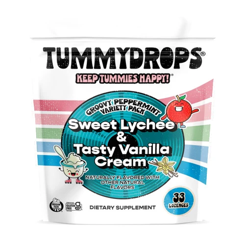 Tummy drops Tummydrops Groovy Peppermint Pack (Mix of Lychee & Tasty Vanilla Cream). Gluten Free, Vegan, & Made With Organic Ingredients, 33 Individually Wrapped Assorted Peppermint Lozenges in a Resealable Bag.