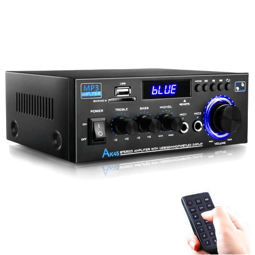 WOOPKER AK45 Bluetooth 5.0 Home Audio Amplifier Stereo Receivers,Max 300W, 2.0 Channel Stereo Power Amplifie System with USB,SD Card,RCA,2 MIC in, Home Amp for Home Theater Speakers,Studio, Karaoke