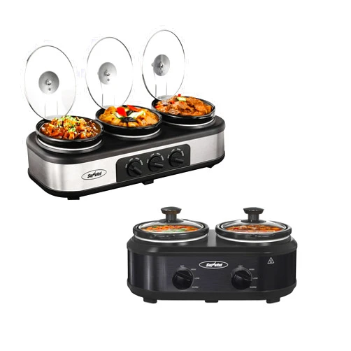 Sunvivi Dual and Triple Slow Cooker Buffet Server - Multiple Pot Food Warmer with Adjustable Temp Lid Rests - Stainless Steel