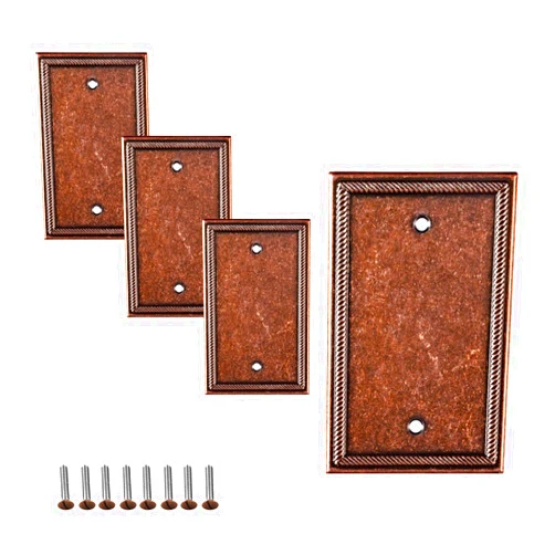 SLEEKLIGHTING Pack of 4 Wall Plate Outlet Switch Covers by SleekLighting | Decorative Zinc Cast Sponged Copper| Variety of Styles: Rocker/Receptacle/Toggle / & Combo | Size: 1 Blank