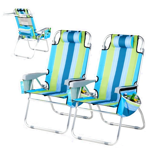VINGLI Tall Beach Chair 2 Pack, with 5-Position, Cooler Bag, Cup Holders, Towel Bar, Lightweight Folding Beach Camping Chairs for Adults（Blue/Green-16