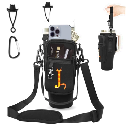 Sunegg Water Bottle Carrier Bag for Stanley 40 oz Tumbler with Handle, Water Bottle Holder Pouch with Phone Pocket, Straw Cover & Adjustable Strap, Accessories for Stanley Cup
