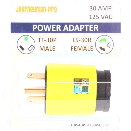 Journeyman-Pro RV Power Cord Adapter 125/250 VAC 30 Amp Male to Female TT-30/L5-30/L14-30 - 3 to 4 Prong Generator Electrical Plug Converter (TT-30P MALE to L5-30R FEMALE)