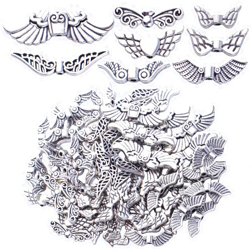 BronaGrand 100g Antique Silver Angel Wing Spacer Beads Tibetan Alloy Fairy Wing Charm Beads Wing Bead Spacer Craft Supplies for DIY Necklace Bracelet Jewelry Making, 8 Styles