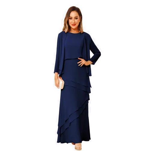 Lilannu Women’s 2 Pieces Chiffon Mother of The Bride Dress with Long Sleeve Jacket Long Formal Dress with Ruffles LN18