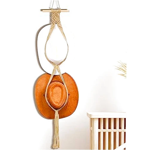 TIPFIT Macrame Hat Hangers Boho for Wall Bohemian Women Rack Organizer Hanging Display Hand Weaving Decorative Cap Holder Wide Brim White (1PCS)