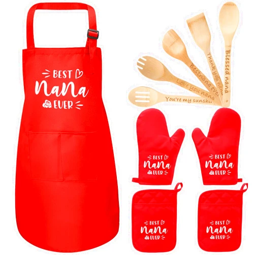 Nuogo 10 Pcs Nana Gifts Kitchen Utensils Set Best Nana Ever Apron with Cooking Bamboo Spoons Oven Mitts and Potholders, Xmas Mother's Day Birthday New Year Gifts from Grandkids Son Daughter
