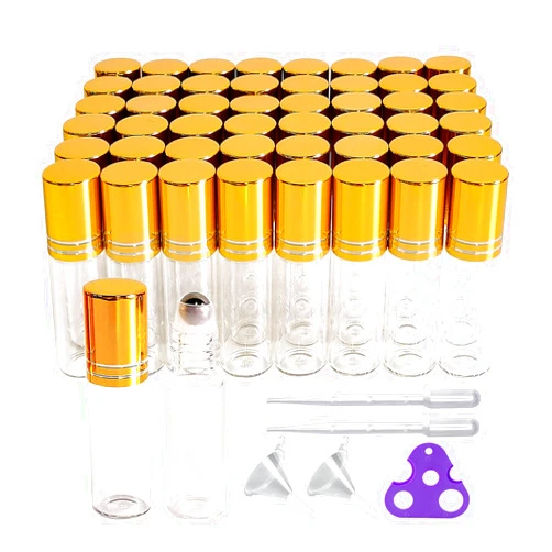 PYAWI 50 PCS Essential Oil Roller Bottles 5ml Clear Glass Roller Bottles with Stainless Steel Roller Ball,Gold Caps, Vials for Travel Perfume Sample Bottles (5ml)