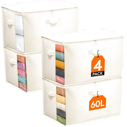 Lifewit 4 Pack Canvas Storage Bags for Clothes, 60L Cotton Linen Blanket Storage with Zipper, Comforter Storage with Three Sturdy Handles, Storage Containers for Sweaters, Pillows, Duvets, Bedding