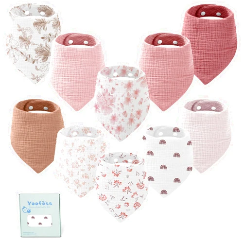 Yoofoss Muslin Baby Bibs 10 Pack Bandana Bibs 100% Cotton 6-Layer Soft Absorbent Drool Bibs for Boys and Girls, Pink Flower