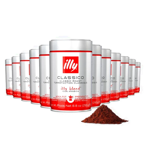 illy Ground Coffee Moka - 100% Arabica Coffee Ground - Rich Aromatic Coffee Grounds – Classico Medium Roast - Notes of Caramel, Orange Blossom & Jasmine - No Preservatives – 8.8 Ounce, 12 Pack