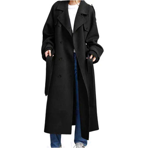chouyatou Women's Winter Double Breasted Wool Coat Long Sleeve Notch Lapel Midi Long Winter Trench Coat with Belt