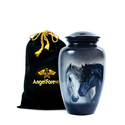 ANGELFOREVER Horse Design Cremation Urn for Human Ashes Adult Male & Female – Large 200 Cu in Enamel-Coated Aluminum Funeral Urn with Velvet Bag – Decorative Metal Memorial Burial Urn for Men & Women Black Finish
