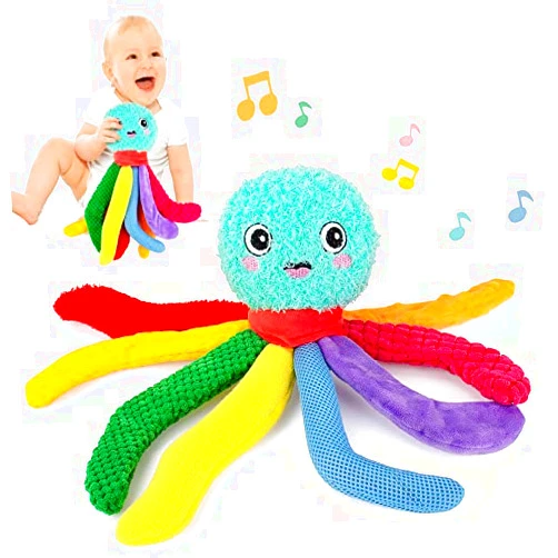 beetoy Baby Newborn Toddlers Sensory Plush Octopus Toys, Baby Musical Toy with Octopus Shape, Stuffed Animal for Girl Boys Infant, Tummy Time Sensory Toys for Babies Soft Toys with Crinkle & Textures