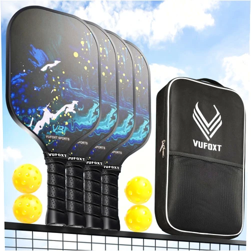 VUFOXT Pickleball Paddles Set of 2, USAPA Approved 99.99% Carbon Fiber Surface Pickleball Sets PP Honeycomb Core Pickleball Rackets, Lightweight Paddles with 4 Balls 1 Bag for Beginners Medium (Blue Waves)
