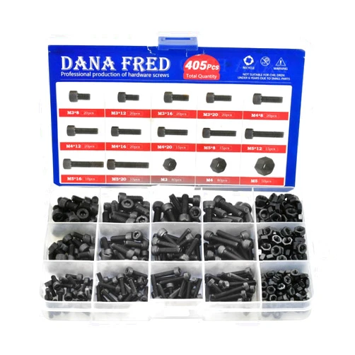 DANA FRED Hex Socket Head Cap Screws Metric Thread Hexagon Allen Drive Machine Bolt Nuts Metal Standard Fastener Hardware Alloy Steel Assortment Kit Set 405pcs Black 12.9 Class M3 M4 M5