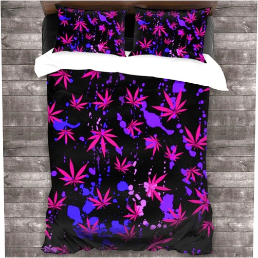 Attducza Purple Neon Weed Leaves 3-Piece Bedding Set 86