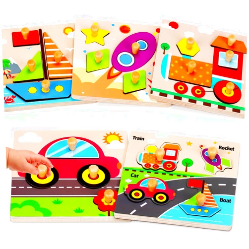 Qirptey 5 PCS Wooden Puzzles for Toddlers 2-4 Montessori Educational Toys for 1 2 3 4 Year Old Girls Boys Preschool Peg Shapes Puzzle Toddler Learning Toys Age 1-3 3-5 Fine Motor Skills Wood Puzzles Gift
