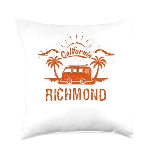 Retro Vintage surf Richmond, CA palm trees Richmond, CA California Retro Vintage Surfing Beach Throw Pillow, 18x18, Multicolor
