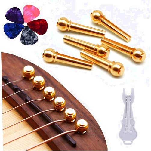 Kimlong Guitar Bridge Pins 6pcs Pure Brass Endpin for Acoustic Guitar 6 Strings Nail Pegs Fixed Cone, Replacement Parts with Bridge Pin Puller Remover & 5 Guitar Picks - Kimlong