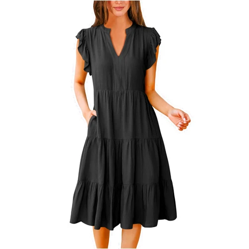 ANRABESS Womens Summer Dress Ruffle Sleeve V Neck Midi Dresses Fashion Casual Fit Flowy Tiered Boho Beach Vacation Sundress