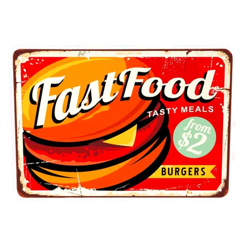 AOYEGO Fast Food Tin Sign,Burger Meat Delicious Vintage Metal Tin Signs for Cafes Bars Pubs Shop Wall Decorative Funny Retro Signs for Men Women 8x12 Inch