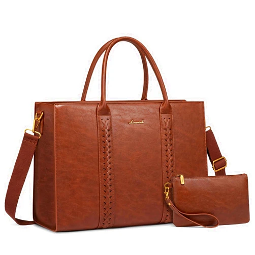 LOVEVOOK Laptop Tote Bag for Women, Vintage Leather Work Bags 15.6 inch Computer Bag, Waterproof Laptop Bag Business Briefcase Office Handbag Purse, Dark Brown
