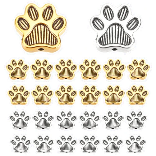 PH PandaHall 80pcs Cute Dog Paw Beads, Metal Animal Footprint Charms Tibetan European Spacer Beads for DIY Crafts Earring Bracelet Jewelry Making, Antique Silver/Golden, Hole: 1.4mm