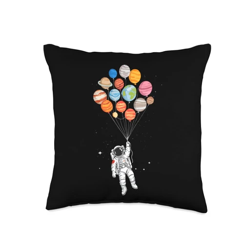 Floating Astronaut Space Balloon Art for Kids Astronaut Holding Planet Balloons Space Adventure for Kids Throw Pillow