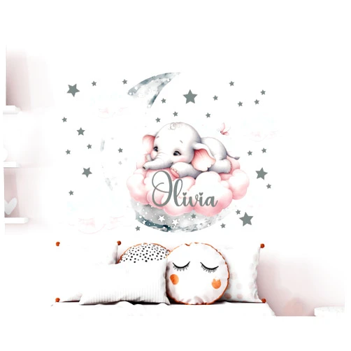 This product does not have a brand Elephant with custom name wall decal, baby room decor, safari animal decal nursery room, watercolor elephant on the pink clouds and grey moon vinyl sticker for girl room, clouds and stars decal