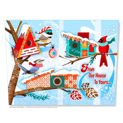 The Retro Christmas Card Company Birdhouses Mid-Century Modern Christmas Cards, Package of 8 | Bird House Holiday Cards