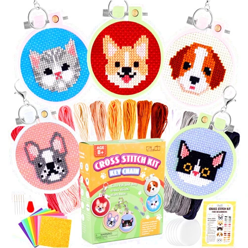 Caydo 5 PCS Cross Stitch Kits for Kids with Cats and Dogs Patterns Stamped Cross Stitch Kits for Beginners DIY Key Chain, Backpack Charms, Craft Ornaments