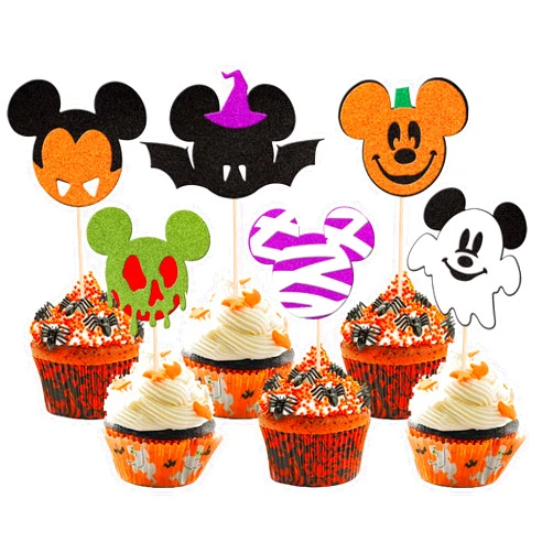 ZHUOWEISM 36 PCS Mini Mouse Inspired Halloween Cupcake Toppers Glitter Witch Hat Bat Zombie Mummy Ghost Spooky Cupcake Picks for Halloween Mini Theme Baby Shower Birthday Party Cake Decorations Supplies